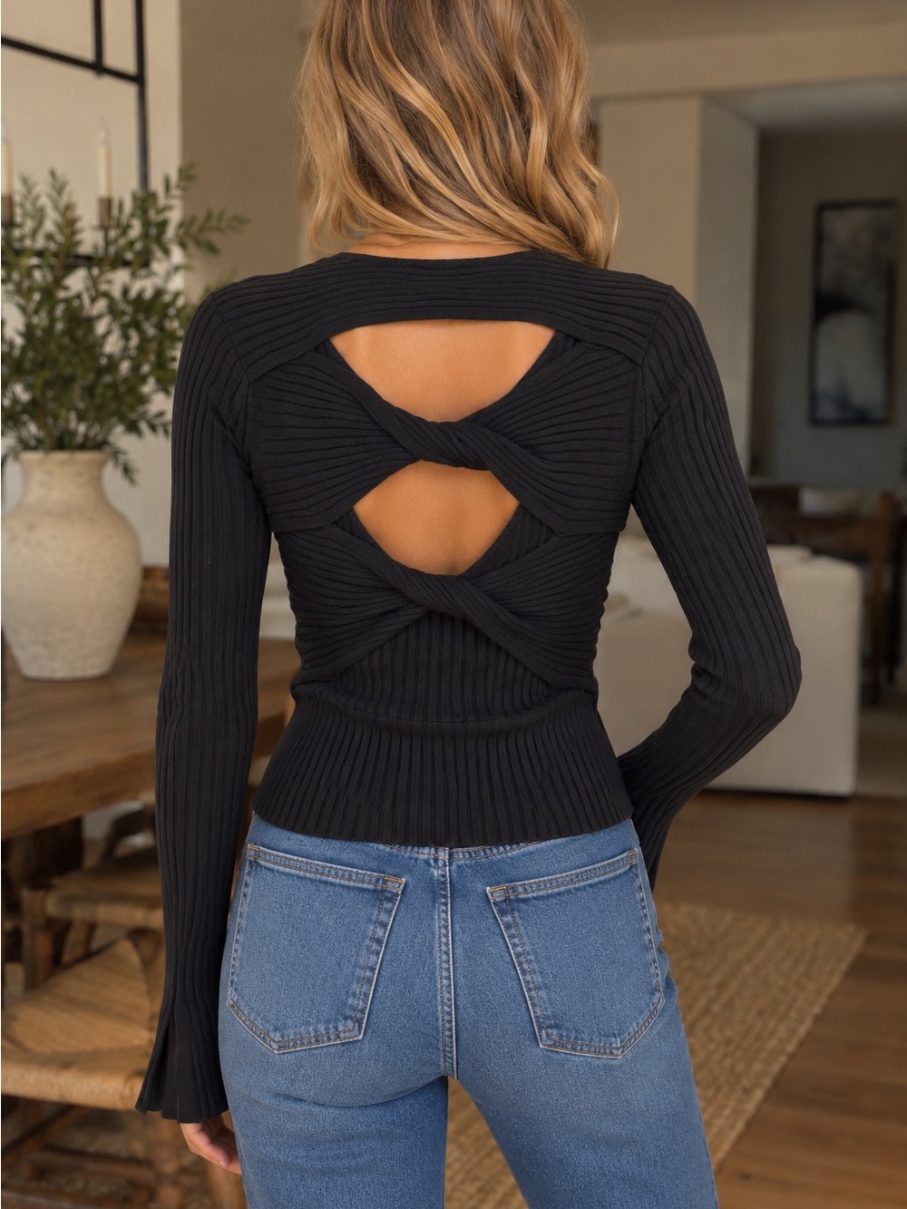 🔹 Future Collective Kahuana Barfield Brown Black Ribbed Cutout Top – Size M